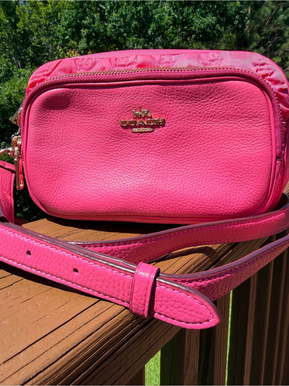 Coach Court Crossbody Hot Pink Ruched Double Zip Leather Nylon Gold Hardware - Picture 5 of 15